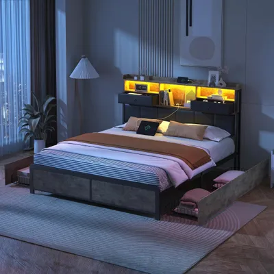 Produktbild von INONEFT Polsterbett 140x200cm mit USB-Ladegerät,Bett mit Stauraum,Doppelbett Bettgestell mit Lattenrost,LED-Stauraumbett mit 4 Schubladen, PU, Schwarz