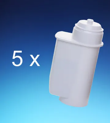 A white water filter cartridge is shown against a blue gradient background, with the text '5 x' to the left.