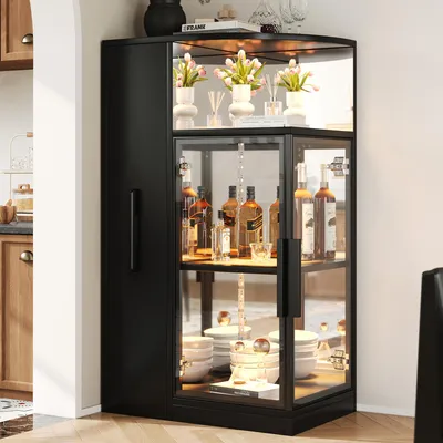 Produktbild von okwish Multifunktionaler Vitrine mit ausziehbarer Seitenschrank, Barschrank mit Glastüren und LED-Beleuchtung, Küchenschrank in Schwarz