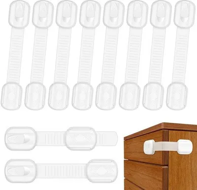 Image de Unyqoos® : Lot de 10 systèmes de sécurité réglables pour meubles et tiroirs – Auto-adhésifs, sans perçage, réglables, en ABS/PVC