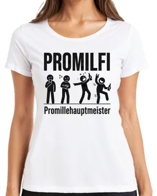 Immagine prodotto di PROMILFI - Maglietta da donna, colore bianco, taglia M, con scritta "Promillehauptmeister" (Campione di alcol), "Lustig Saufen" (Divertente bere), "Bier Party" (Festa della birra), "JGA" (Addio al celibato/nubilato), "Alkohol" (Alcol)