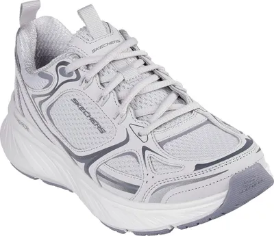 A studio shot of a single gray Skechers sneaker.