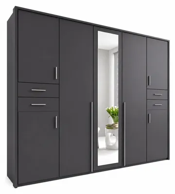 Produktbild von Drehtürenschrank Kleiderschrank 228cm Schubkästen Passepartout Spiegel in Grafit / 22571