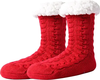 Produktbild von ASKSA Kuschelsocken Damen Herren Dicke Flauschige Socken mit Greifern Weiche Warme Winter Hu?ttensocken Haussocken, Weinrot, Groesse: EU 36-44
