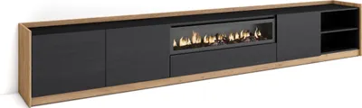 Image de Meuble TV, Banc Télé, Grand espace de Rangement, 310x37x50cm, Pour les TV jusqu'à 80", Cheminée électrique, Noir et chêne