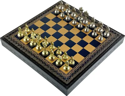 Productafbeelding van Romeinse schaakstukken + Italiaans schaakbord van kunstleer, goud/blauw, 28 cm