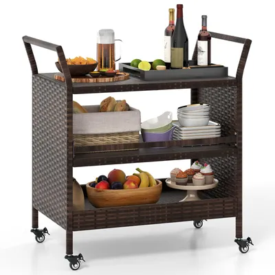 A three-tiered serving cart filled with food and drinks, presented on a white background.