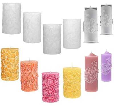 Immagine prodotto di Set di 6 stampi in silicone per candele, forma cilindrica e a fiori, ideali per la creazione di candele fai-da-te, colore bianco