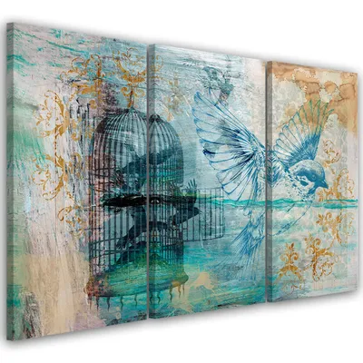 Produktbild von Triptychon auf leinwand tiere - blau 90x60 cm Feeby blau wandbild bereit zum aufhängen