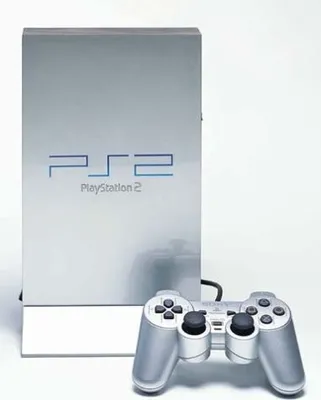 A silver PlayStation 2 console and controller are displayed against a white background.