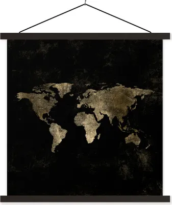 Produktbild von MuchoWow® Textilposter Weltkarte - Schwarz - Gold 60x60 cm mit schwarzem Rahmen - Posteraufhänger