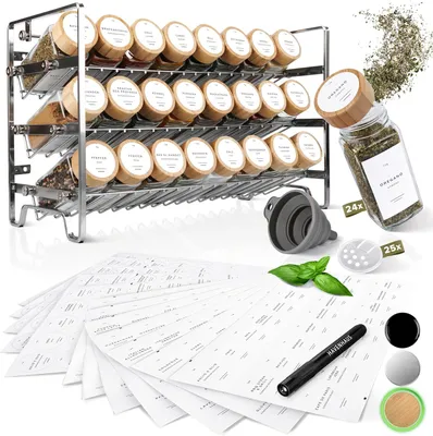 Produktbild von Havenhaus Gewürz regal Set Edelstahl | Gewürzregal stehend inkl. 24 Gewürzgläser+336 Gewürzetiketten deutsch & Accessoires | Wand oder stehend