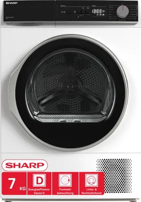 Produktbild von Sharp KD-NHA7S6GW1D-DE Wärmepumpentrockner, 7 kg, BubbleDrum, WaveCabinet, LED-Trommellicht, Super Silent, 15 Programme, Energieeffizienzklasse D