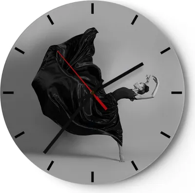 Produktbild von Wanduhr - Rund - Glasuhr - Tanz Schwarz Kleid - 40x40cm - Schleichendes Uhrwerk - Lautlos - zum Aufhängen bereit - Dekoration Modern - Wanddekoration aus Glas - C3AR40x40-4869