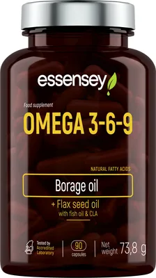 Produktbild von ESSENSEY - Omega 3-6-9 I 500mg pro Tagesdosis I 90 Kapseln I Vitamin E I GLA, ALA, EPA und FHA I 45 Tagesdosen I Leicht zu schlucken I Labor