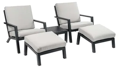 Produktbild von Sessel Lounge-Set | 2 Bezano Lounge-Sessel mit Hockern & Beistelltisch | Aluminium | Creme | 2er Set