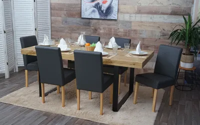 Produktbild von Mendler Esszimmerstuhl Littau, 6er Set, Kunstleder grau matt, helle Beine aus Kautschukholz und Pappelholz, modernes Design, hohe Rückenlehne, bequeme Polsterung, abgerundete Ecken, rutschfest