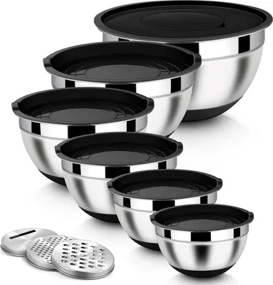 Produktbild von Rührschüssel Set, 6-tlg Edelstahl Schwarz Schüssel Salatschüssel mit 3 Reibenaufsätzen zum Mischen & Verrühren, Luftdichtem Deckel & Silikonboden, 4,6L/2,8L/2,5L/1,6L/1,2L/0,7L, Stapelbar
