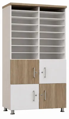 Produktbild von Schrank im minimalistischen Design mit weißen Regalen und Holztüren