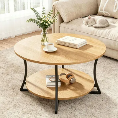 Image de Table basse ronde en bois, diamètre 80 cm, avec 2 plateaux de rangement