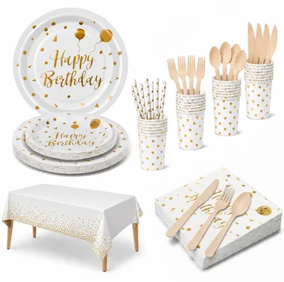 Party Servies Set für 16 Gäste, weiß-goldene Punkte, 129-teilig, Papier