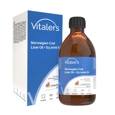 Immagine prodotto di Olio di fegato di merluzzo norvegese Vitaler, Omega-3 1250 mg con vitamina D3 2000 UI, al gusto di arancia, 250 ml