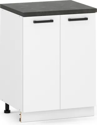 A white kitchen cabinet with a dark countertop and black handles, shown from a front-side angle.