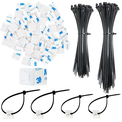 Immagine prodotto di Fascette per cavi fermacavi - Set di 200 fascette e 100 supporti adesivi - 120 mm e 150 mm - Nero
