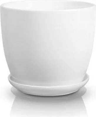 A white ceramic plant pot with a matching saucer, presented on a reflective white surface.