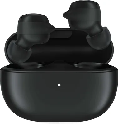 A pair of black wireless earbuds in their charging case.