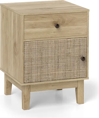 A standalone wooden nightstand with a cane-fronted cabinet and a drawer.