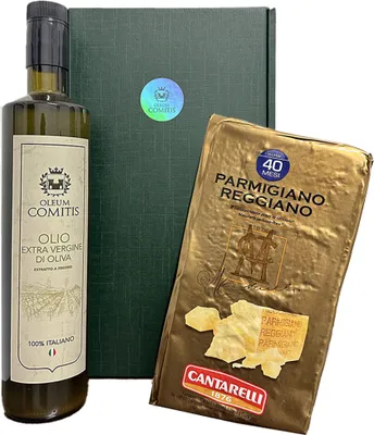 Immagine prodotto di Oleum Comitis - Olio extravergine di oliva 100% italiano - Confezione regalo con bottiglia da 750 ml e Parmigiano Reggiano DOP Cantarelli 40 mesi