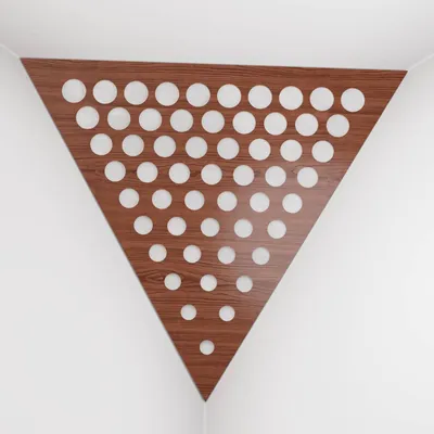 Obrázek produktu pro Balení po 2 kusech – basová past do rohů stropu „Triangle-F“ | Akustická pěna ve tvaru pyramidy s laminovanou deskou z HDF a potahem [ROUNDS – ořech | bílá]