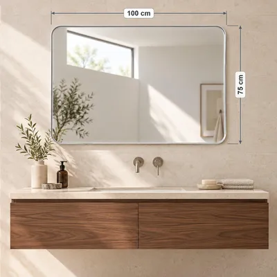 LunaMirror Theo 100 x 75 cm, rechthoekige wandspiegel met afgeronde hoeken en geribbelde aluminium lijst, zilverkleurig – 1