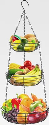 Produktbild von Obstkorb Hängend Schwarz, 3 Etagen Hängekorb Küche, Metall Hängender Obstkorb mit Haken für aufbewahrung Obst Gemüse Brot und Lebensmitteln, H x D: 84 x 29 cm