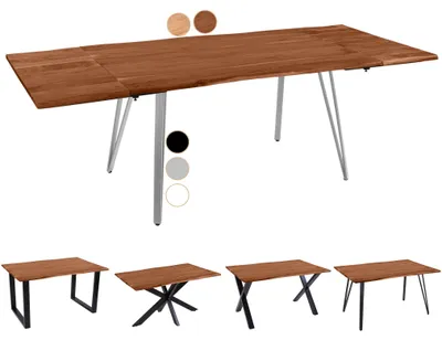 Produktbild von Baumkantentisch 220 (320) x 100 cm Avino, Akazienholz nussbaumfarben & massiv, Esszimmertisch mit 2 Ansteckplatten, Silbernes Vierfuß-Metallgestell, Esstisch ausziehbar 12 Personen