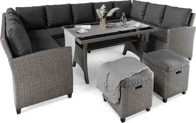 Produktbild von di volio Polyrattan Sitzgruppe LIVORNO - Lounge Gartenmöbel-Set mit Ecksofa, Tisch & 2 Hockern - Loungemöbel in Rattan-Optik inkl. eine Fleecedecke