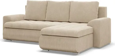 A beige corduroy sectional sofa with a chaise lounge is shown against a white background.