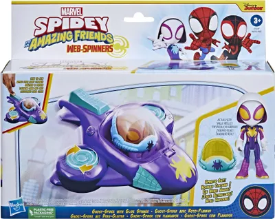 The image shows the retail packaging for a Spidey and His Amazing Friends toy set, featuring a vehicle and figures.