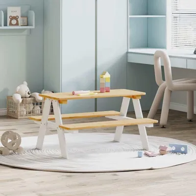 Produktbild von Kindertisch mit Bänken iRun aus Massivholz, weiß, 90 x 79,5 x 50 cm
