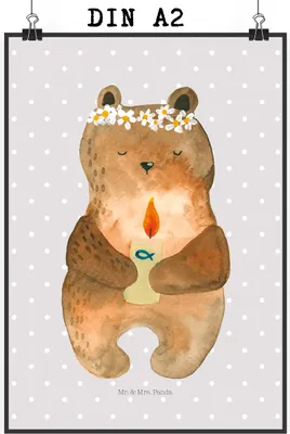 Produktbild von Mr. & Mrs. Panda Bild Bär Kommunion DIN A2 - Grau Pastell - Geschenk, Taufkerze, Teddy, Gottes Segen, Plakat, Wandbild, wanddeko, Wanddekoration, Katholisch, drucke