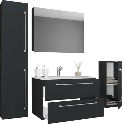 Immagine prodotto di 5 parti Set | 1 lavabo con due cassetti, 1 armadio a specchio, 1 lavabo, 1 lavabo, 1 gabinetto alto | lavabo in Vetroceramica | mobile pensile 80 cm | set mobili da bagno lavatoio – Badinos