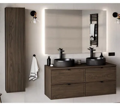 Image de Ensemble complet Salle de Bain 120 cm + Plateau + Double Vasques Noires + Miroir + Colonne - Caldera Foncé