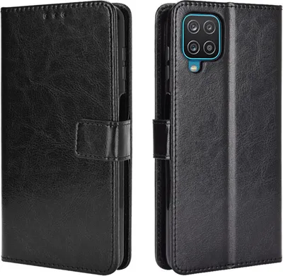 A black leather phone case for a Samsung Galaxy A12 is shown from two angles.