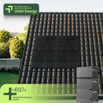Produktbild von Balkonkraftwerk für Schrägdach mit 2 Modulen & Speicher Avocado Orbit M (8,44 kWh) - 5m Anschlusskabel - priRoof Duo