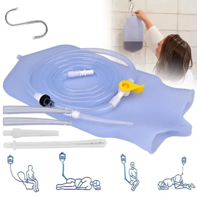 Image de Kit de lavement de 2 litres en silicone inodore et sans BPA, avec un tuyau de 1,5 m, 3 embouts interchangeables et un crochet pour le nettoyage et la détoxification intestinale, à utiliser à la maison ou en déplacement