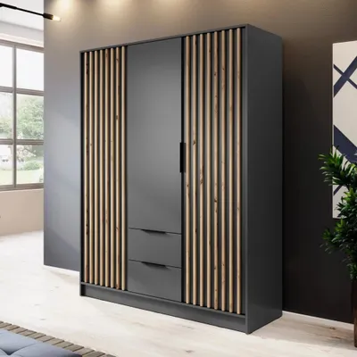 Produktbild von Kleiderschrank Stilo Graphit Grau mit Lamellen – 155 cm, 3 Türen, 2 Schubladen, Loft Design