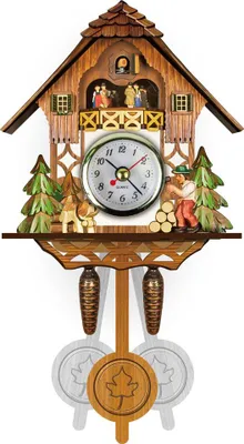 A cuckoo clock with wooden figures and a pendulum.