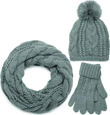 Produktbild von styleBREAKER Schal, Mütze und Handschuh Set, Zopfmuster Strickschal mit Bommelmütze und Handschuhe, Damen 01018208