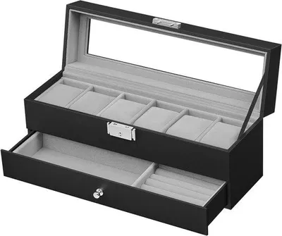 Produktbild von Armbanduhren-Box mit Glasdeckel, 2 Ebenen für 6 Uhren, abschließbar, 1 Ladetisch für Ringe und Armbänder, Geschenkidee - PolyurethanHülle in Schwarz, innere Füllung in Grau